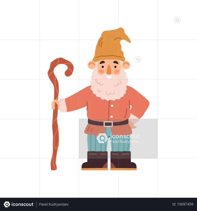 Cute garden gnome in hat with beard and crook handle cane or walking stick  Illustration