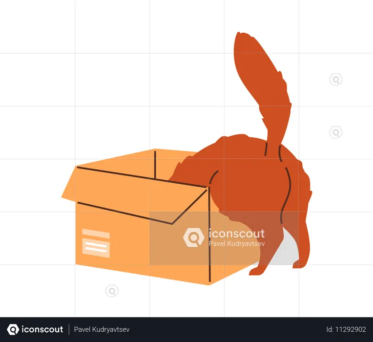 Cute ginger cat plays, climbs inside the cardboard box  Illustration
