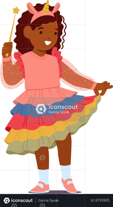 Cute Girl Adorned In Pink And Rainbow Unicorn Dress while holding wand  Illustration