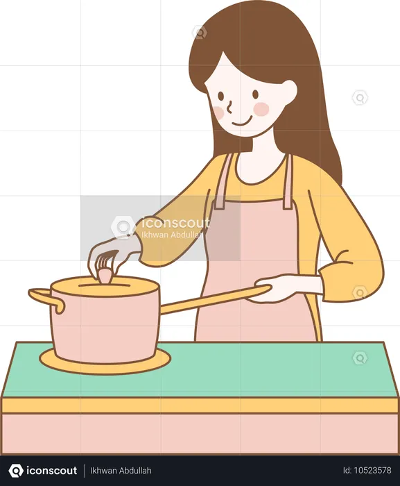 Cute Girl Character is Cooking with Pan in Kitchen  Illustration