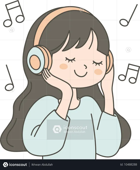 ヘッドフォンで音楽を聴くかわいい女の子キャラクター  イラスト