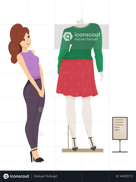 Cute girl choosing clothes on mannequin at front shop window  Illustration