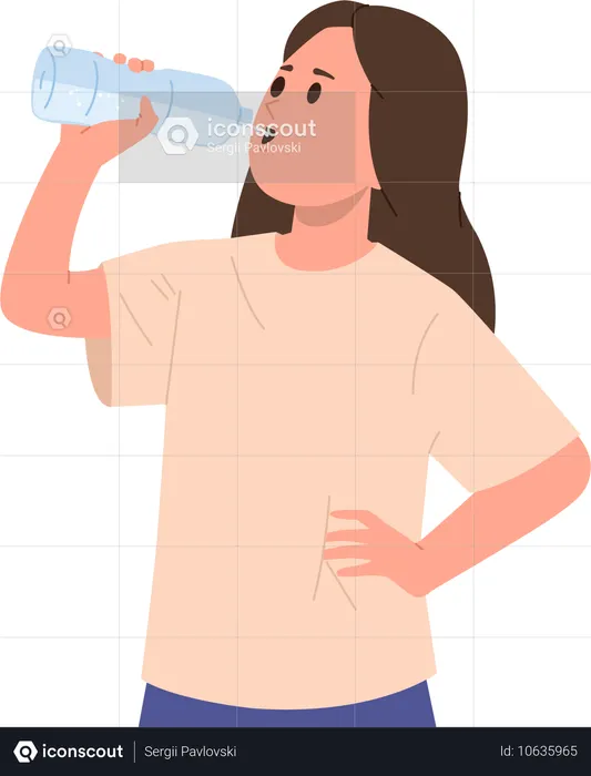 ペットボトルからミネラルウォーターを飲むかわいい女の子  イラスト