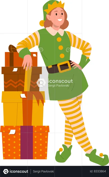 Cute girl elf in traditional costume standing nearby wrapped gift box stack  Illustration