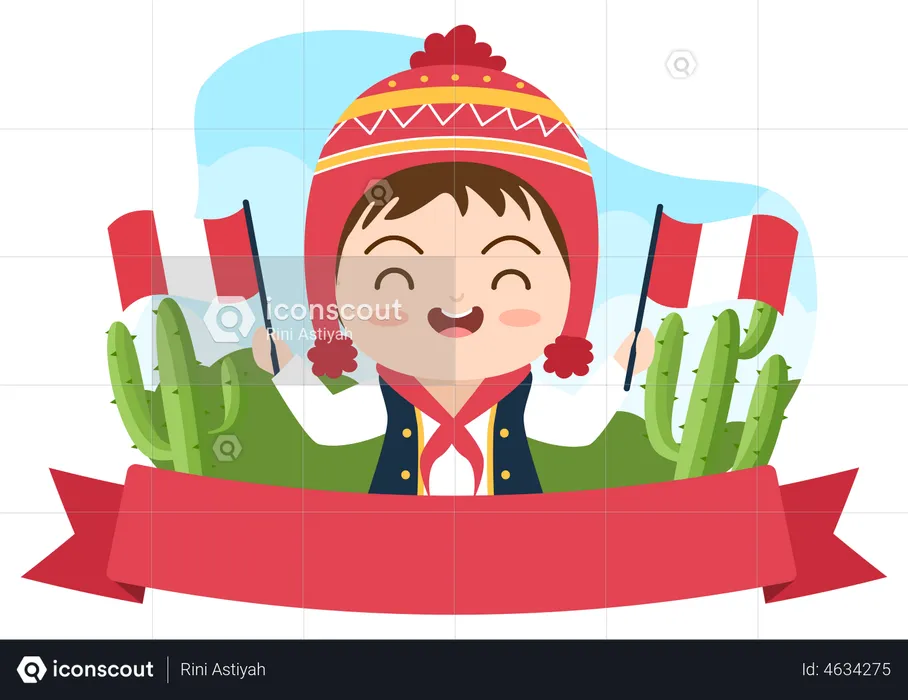 Cute Girl Holding Peru Flag on Independence day  Illustration