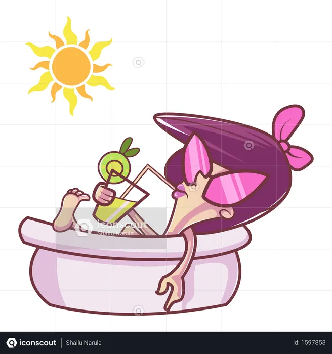 Cute girl is drinking juice and sitting in bathtub  Illustration