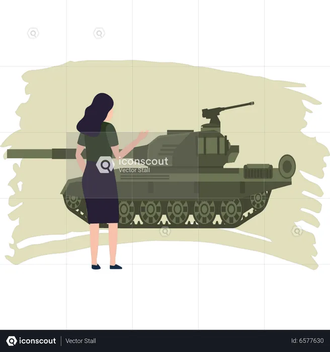 Cute Girl Looking At Military Tank  Illustration