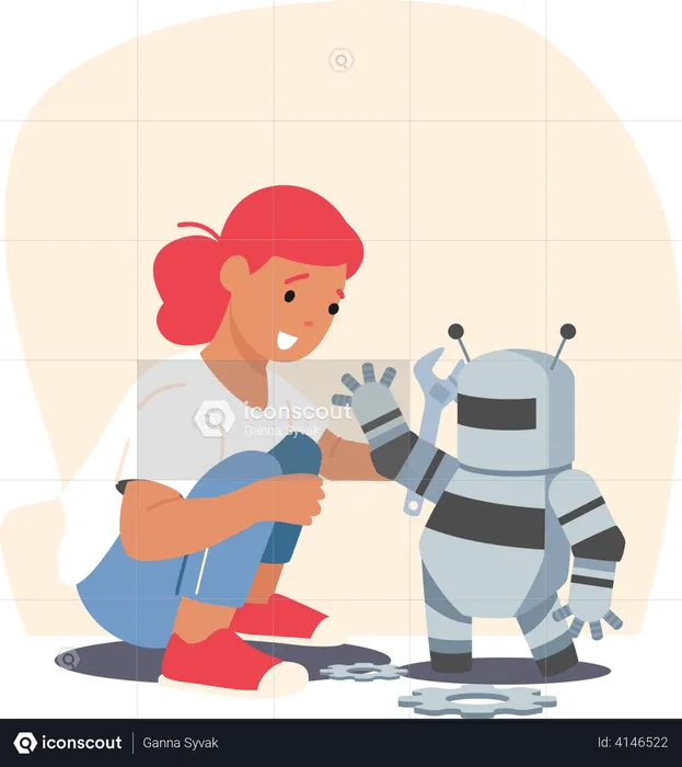 Cute Girl Playing with Robot  Illustration