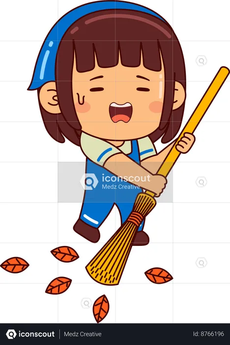 Cute girl sweeping using broom  Illustration