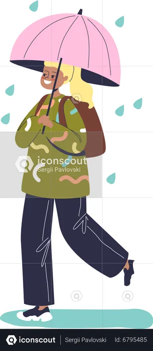 Cute girl walk under umbrella to school in rainy weather  Illustration