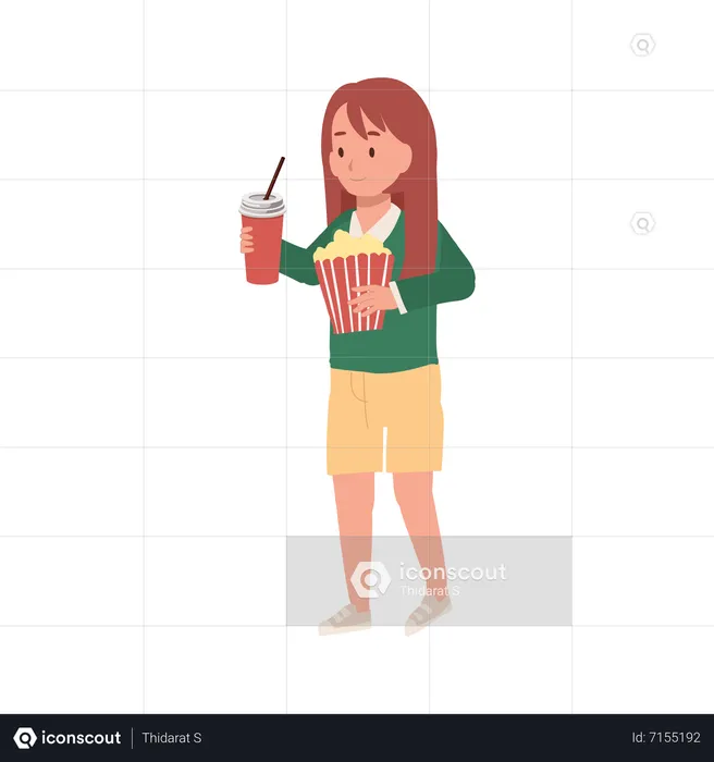 Cute girl with bucket of popcorn and glass of soft drink  Illustration