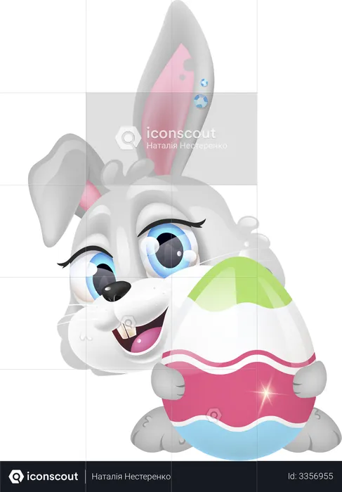 Cute happy bunny holding decorated egg  Illustration