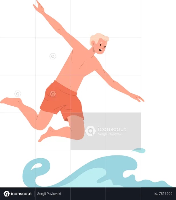 Cute happy teenager male cartoon jumping to water  Illustration