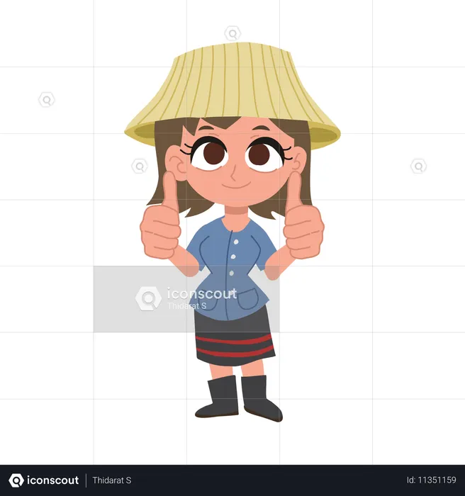 Cute happy thai farmer woman giving thumbs up  Illustration