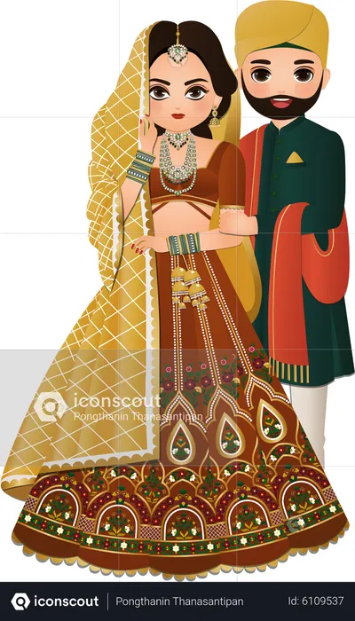 Cute hindu couple in traditional indian dress  Illustration