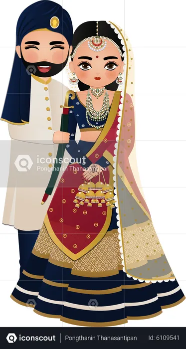 Cute hindu couple in wedding dress  Illustration