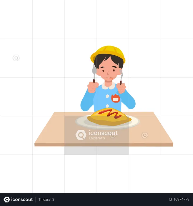 Cute japanese boy in kindergarten uniform eating rice with egg, omu rice meal  Illustration