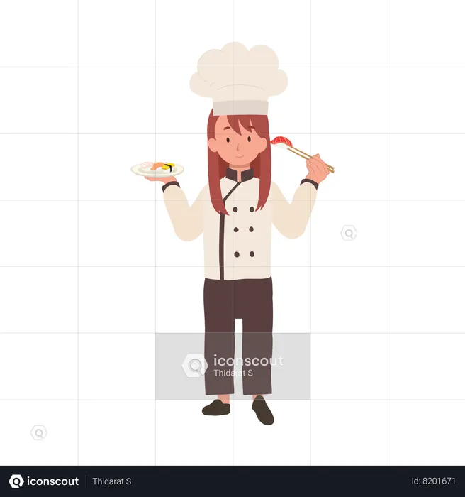 Cute Kid Chef Enjoying Sushi with Chopsticks  Illustration