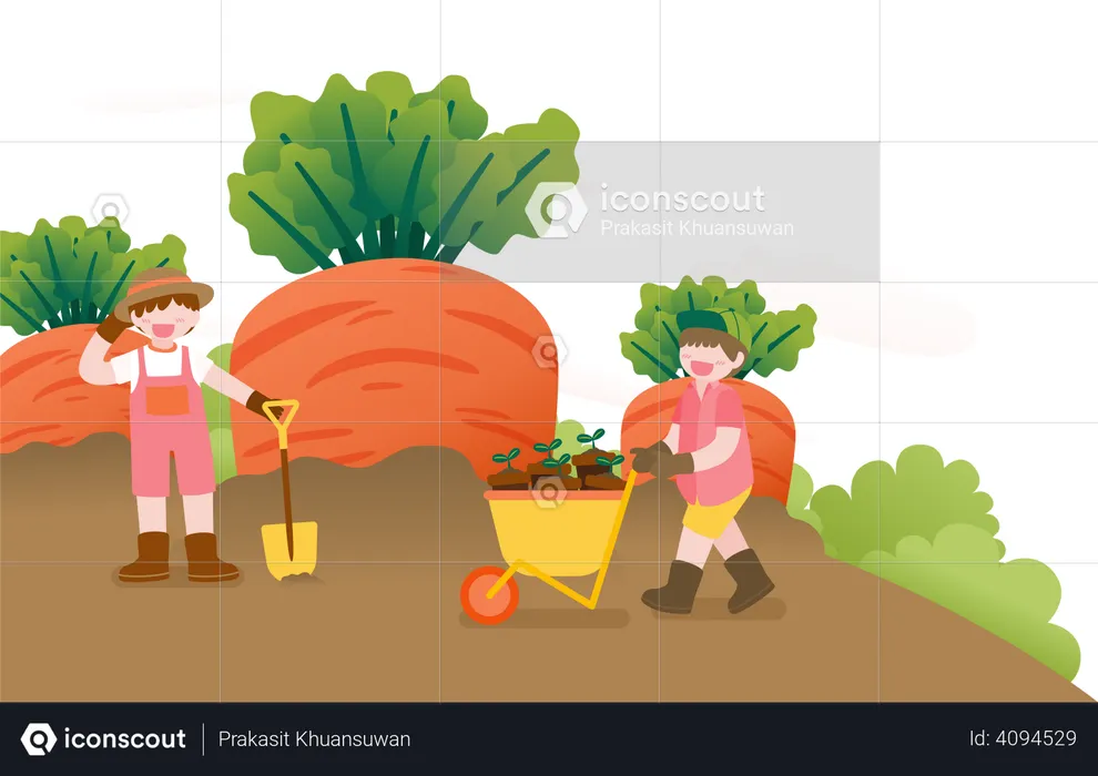 Cute kids gardening on garden  Illustration