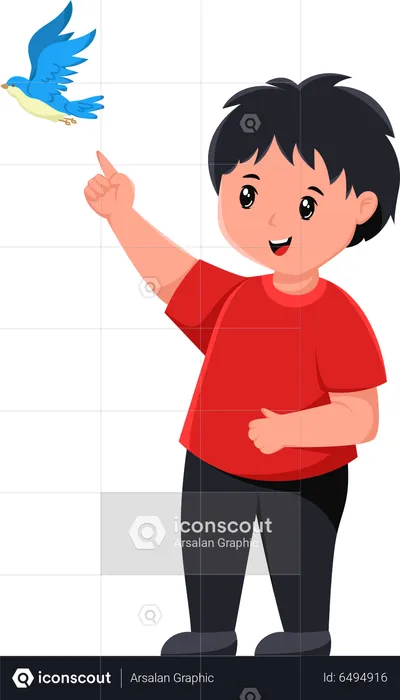 Cute Little Boy pointing bird  Illustration