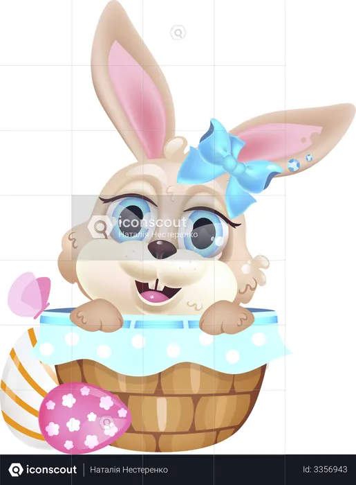 Cute little bunny sitting in basket  Illustration