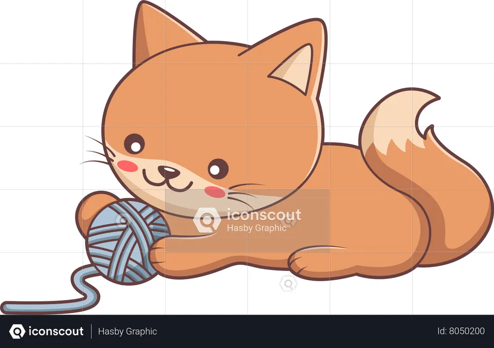 Cute Little Cat playing with yarn ball  Illustration