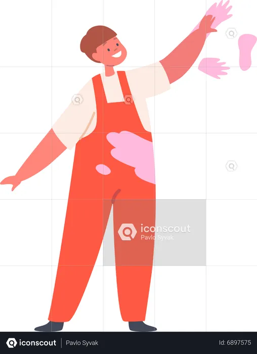 Cute Little Child With Dye Spots On Clothes Painting With Hands On Wall  Illustration