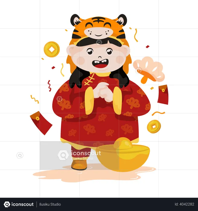 Cute little Chinese girl greetings  Illustration