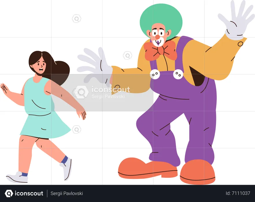 Cute little girl afraid of clown at kids party  Illustration