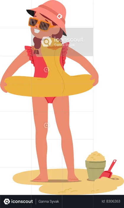 Cute Little Girl Character On Summer Beach  Illustration