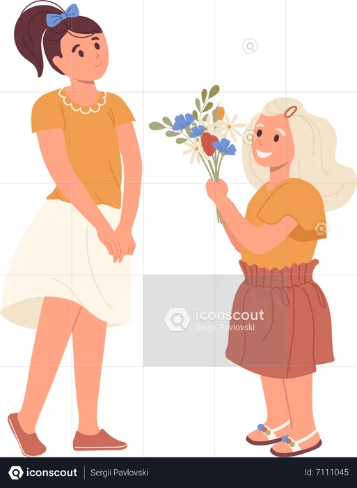 Cute little girl giving bouquet of flower to older sister congratulating her with birthday  Illustration