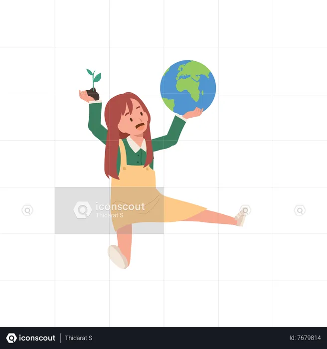 Cute little girl holding earth and tree on her hands  Illustration