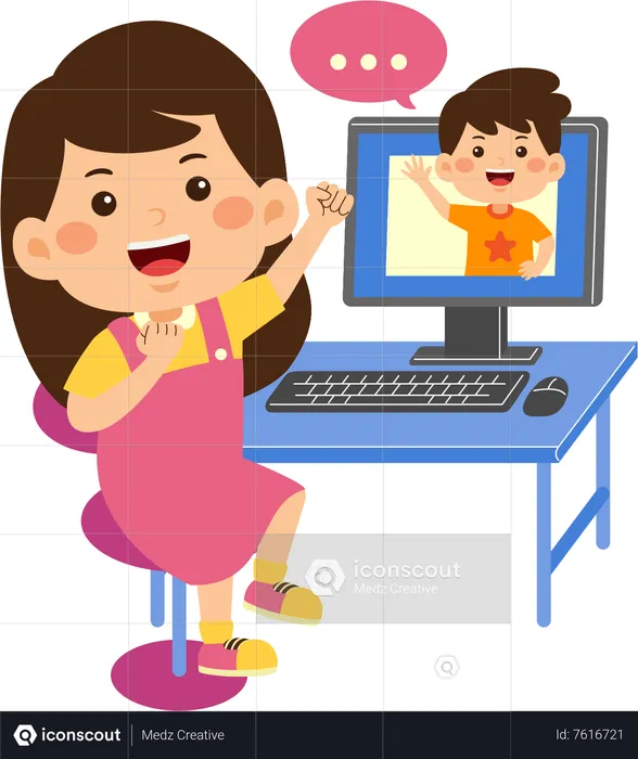 Cute little kid girl use computer for video call  Illustration