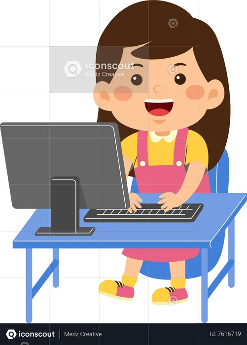 Cute little kid girl use computer  Illustration