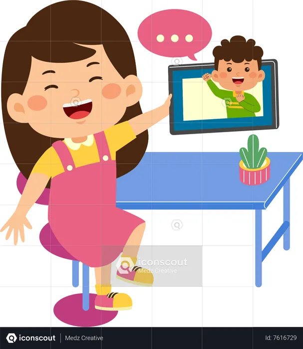 Cute little kid girl use graphic tablet doing video call  Illustration