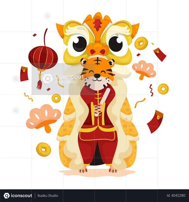 Cute little tiger on lion dance costume  Illustration