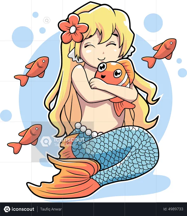 Cute mermaid hug clown fish  Illustration