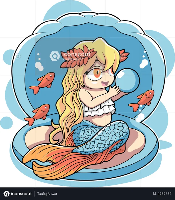 Cute mermaid playing with a pearl  Illustration