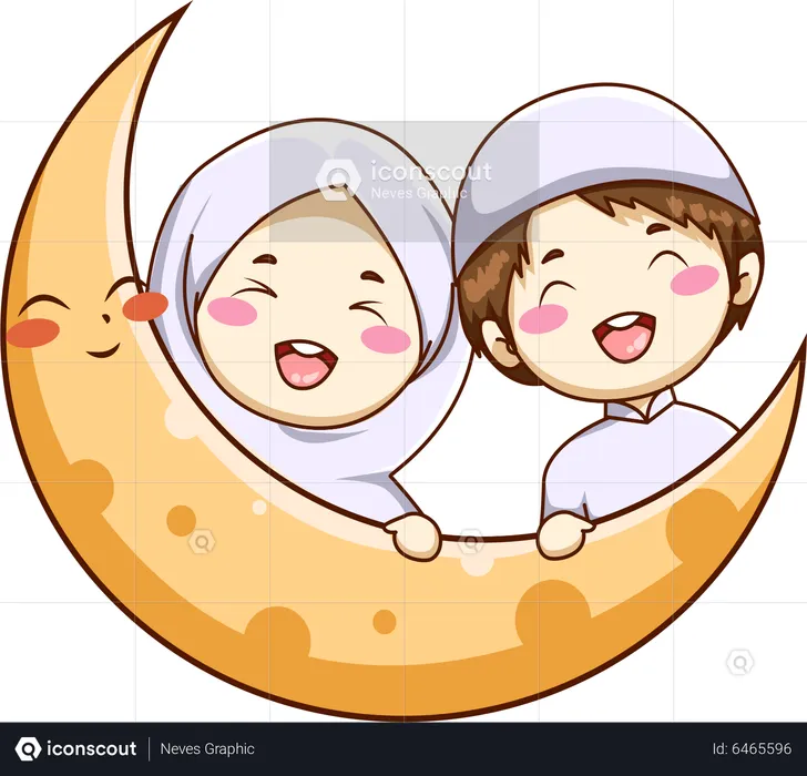 Cute Muslim boy and girl with moon  Illustration