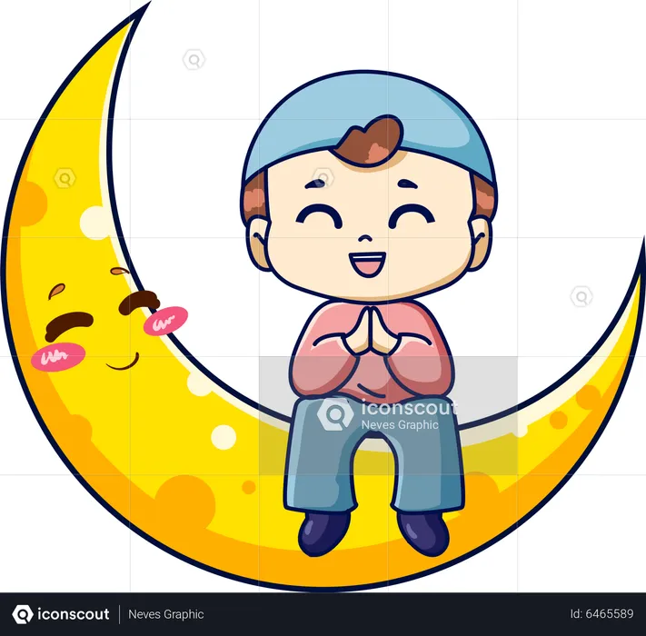 Cute Muslim boy on the moon  Illustration