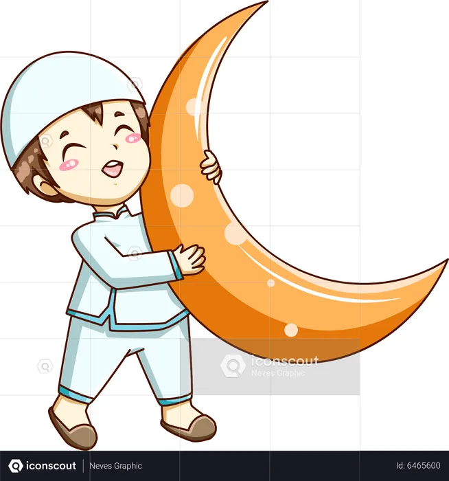 Cute Muslim Boy with  moon  Illustration