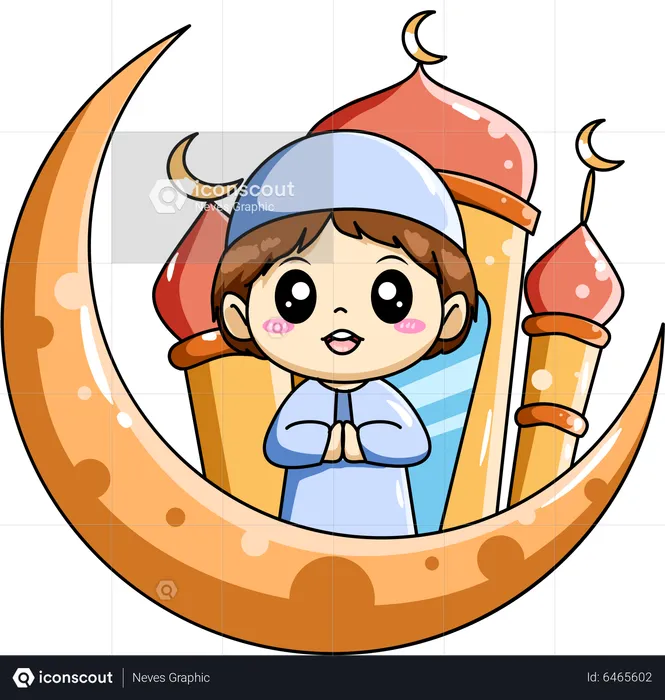 Cute Muslim boy with moon and mosque  Illustration