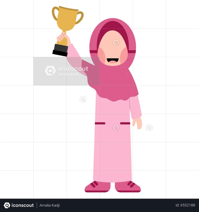 Cute Muslim girl showing trophy cup  Illustration