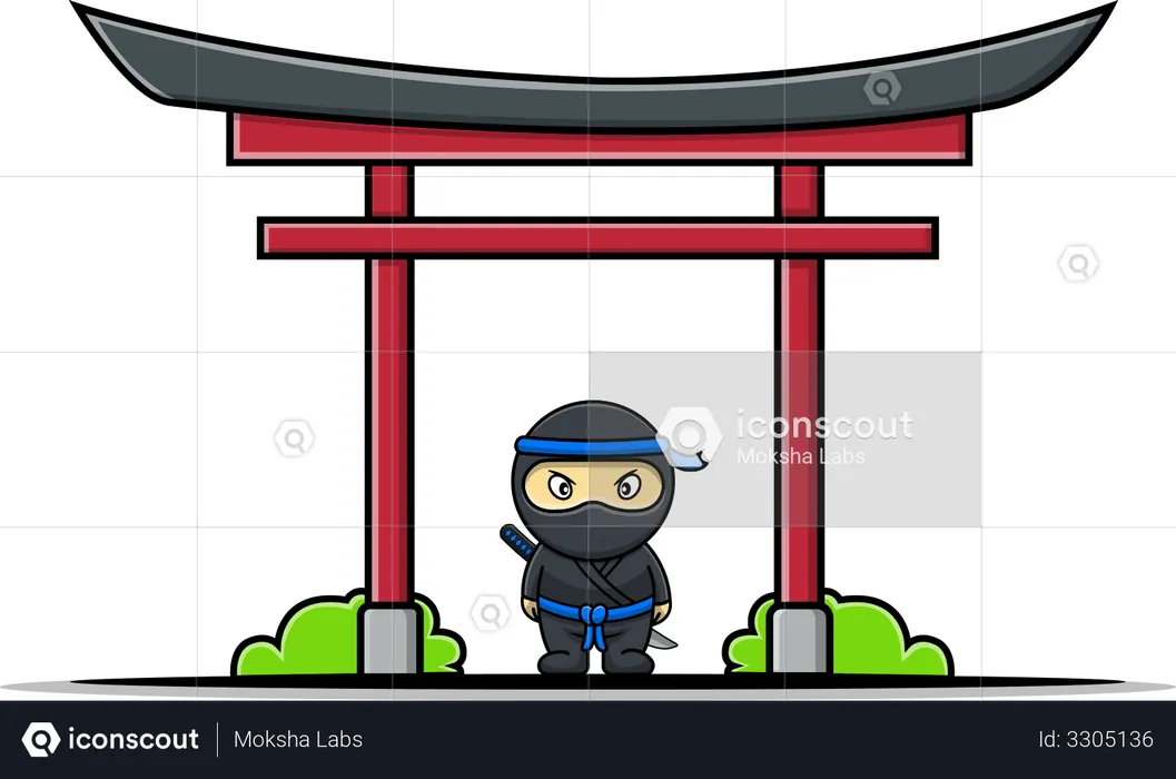 Cute Ninja With Japanese Torii Gate  Illustration