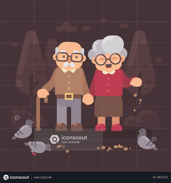 Cute Old Couple Walking In The Park And Feeding Pigeons  Illustration