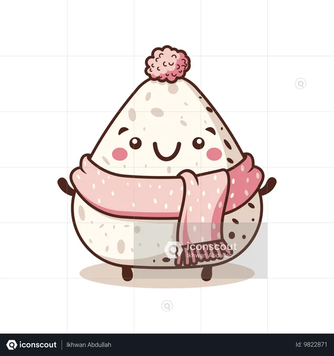 笑顔の表情でピンクのショールをまとったかわいいおにぎり  イラスト