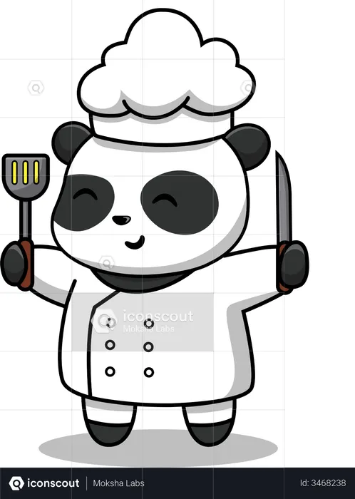 Cute Panda Chef Holding Spatula And Knife  Illustration