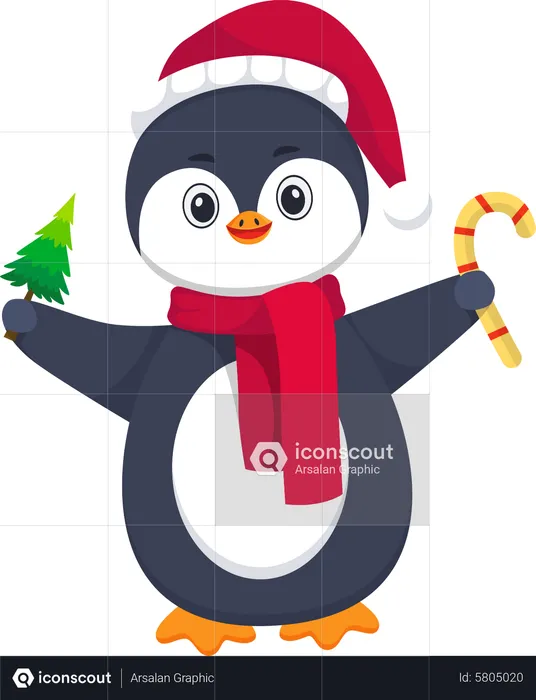 Cute Penguin holding Candy and Pine Tree  Illustration