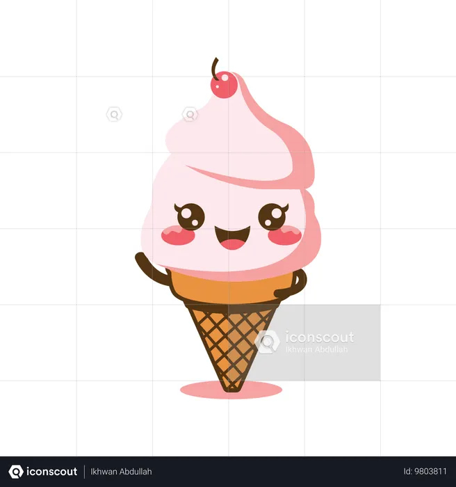 Cute Pink Cherry Cone Ice Cream  Illustration