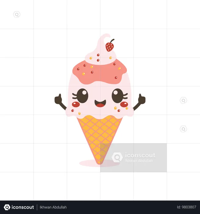 Cute Pink Strawberry Cone Ice Cream  Illustration